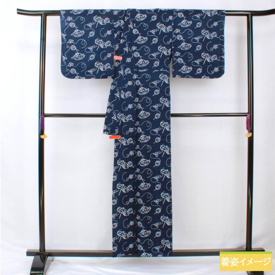 Yukata Cotton Length 157cm Sleeve length 65cm A rank Single layer Navy blue Umbrella Fan pattern 1118005603318