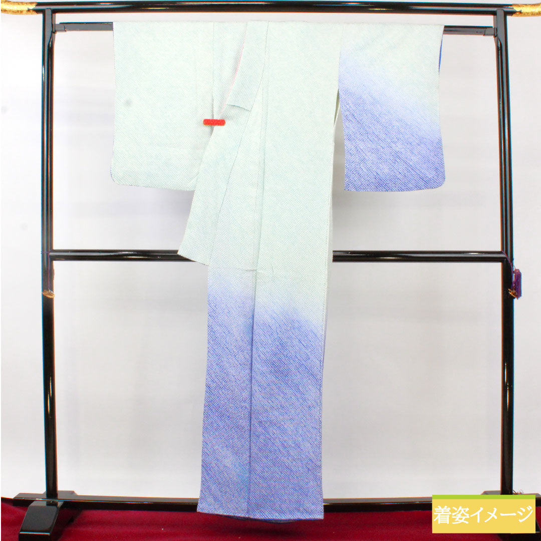 訪問着 正絹 袷 身丈159.5cm 裄丈64cm 藍白色(あいじろいろ) 総絞り 重ね衿付き Bランク 水色系 1112004824324