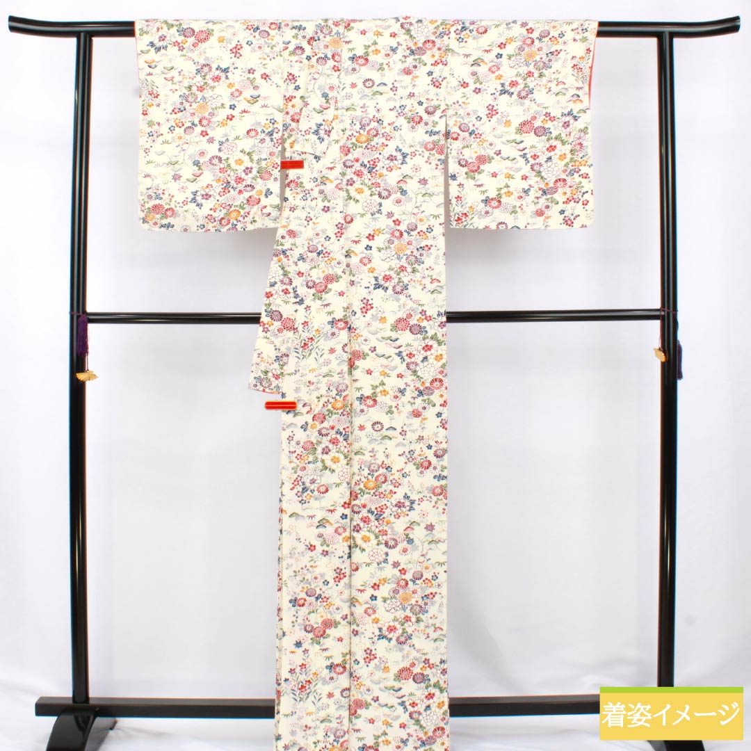 小紋 正絹 Sランク 身丈165.5cm 裄丈65cm 袷 生成り色(きなりいろ) 京友禅 草木 花 白系 1115007052511