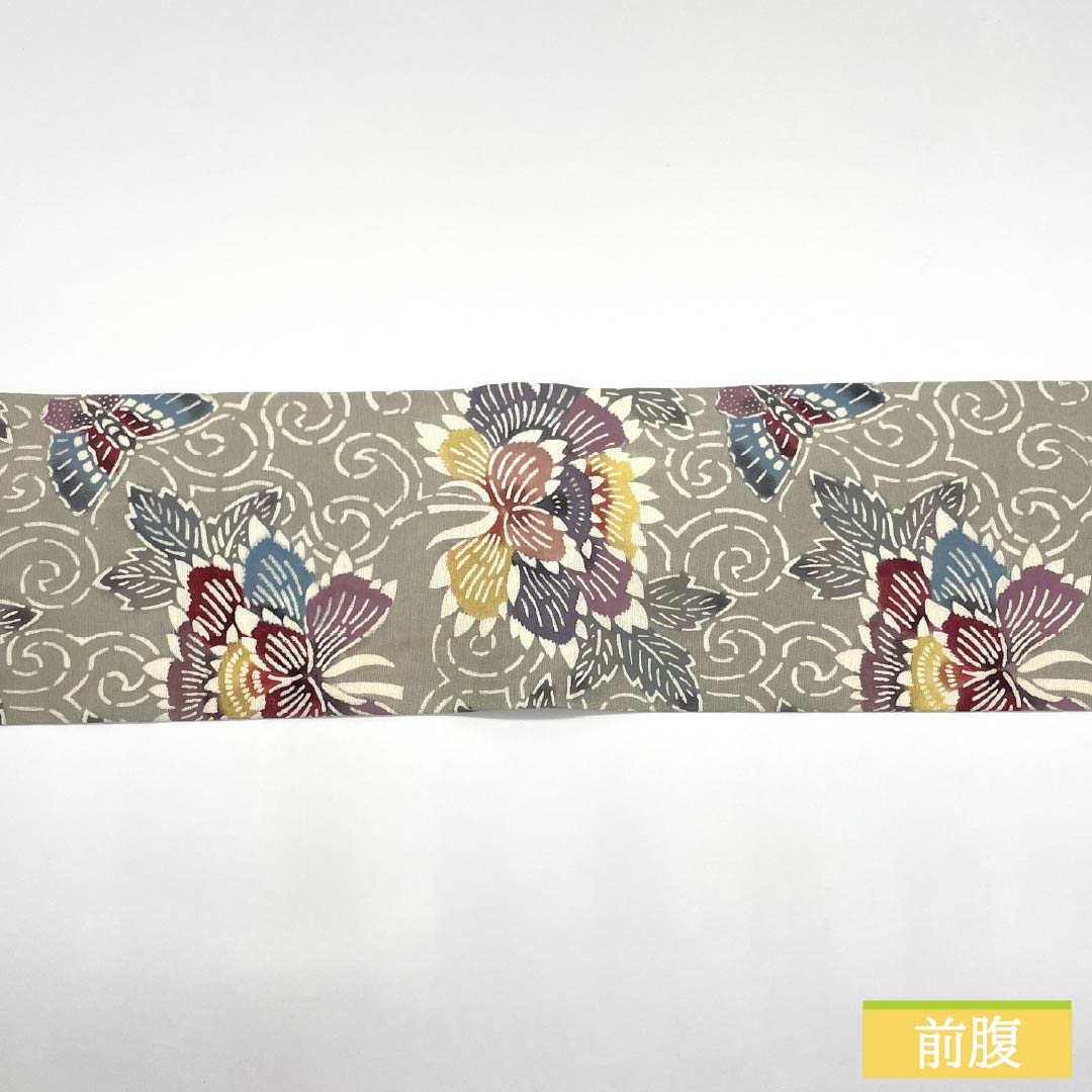 Nagoya Obi, Pure Silk, Grade B, Silk Gray, Bingata-style Stencil Dyeing, Peony Design, Length 347cm, Six-fold, Casual, Gray, Product Number 1124010484322, Nagoya Style