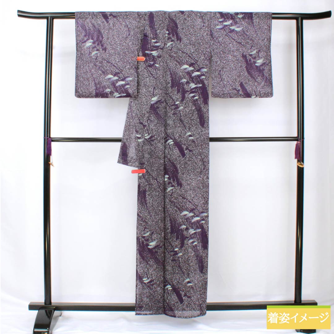 夏物 ポリエステル 小紋 身丈159cm 裄丈62.5cm 紫黒色(しこくしょく) 抽象模様 洗える着物 絽 Sランク 紫系 1132002212320