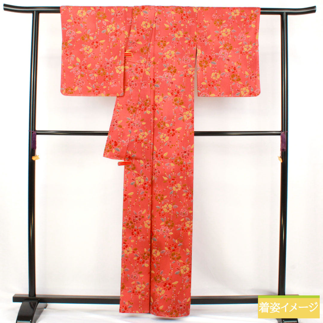 小紋 正絹 Sランク 身丈161.5cm 裄丈64cm 袷 紅絹色(もみいろ) 抽象花 部分絞り 赤系 1115007662412