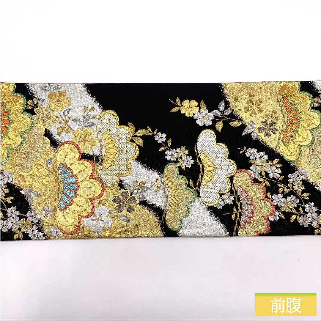 Formal black obi, pure silk, S-rank, Matsushima Orimono, cherry blossom pattern, 428cm long, six-fold hem, for furisode. Product code: 1123015752310