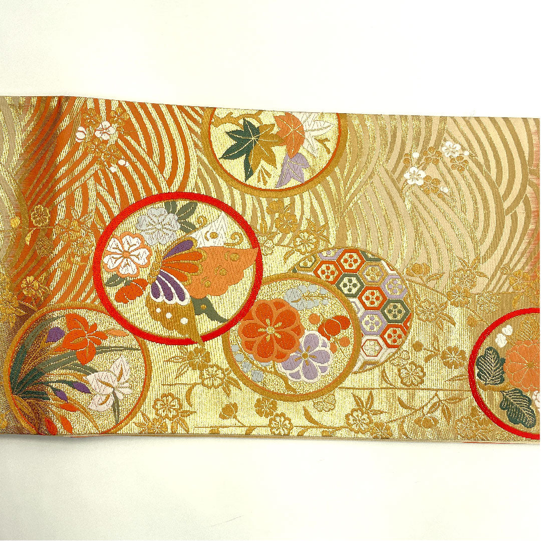 袋帯 蝶 波模様 草花模様 有職波桜文 帯丈428cm 正絹 Aランク 六通 フォーマル 金系 1123004363321