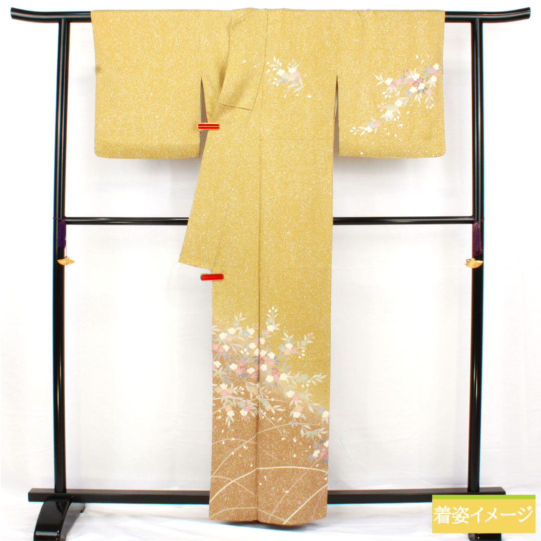 訪問着 正絹 袷 身丈160.5cm 裄丈65.5cm 梨子色(なしいろ) 京友禅 タタキ染 桜 Sランク 黄系 1112005622423