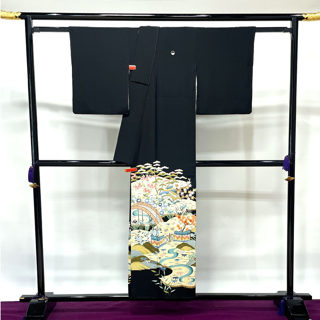 Black Tomesode, Length 154.5cm, Sleeve Length 62cm, Awase, Kyoto Yuzen, Landscape Pattern, Thread Ring and Peeking Mokko, Pure Silk, A Rank, Five Crests, Black, 1111000883210