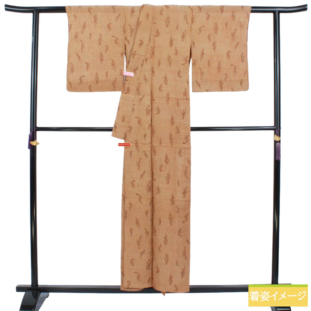 夏物 麻 紬 Sランク 身丈153.5cm 裄丈62cm 薄茶色(うすちゃいろ) 小千谷縮 抽象模様 紗 茶系 1132003792214