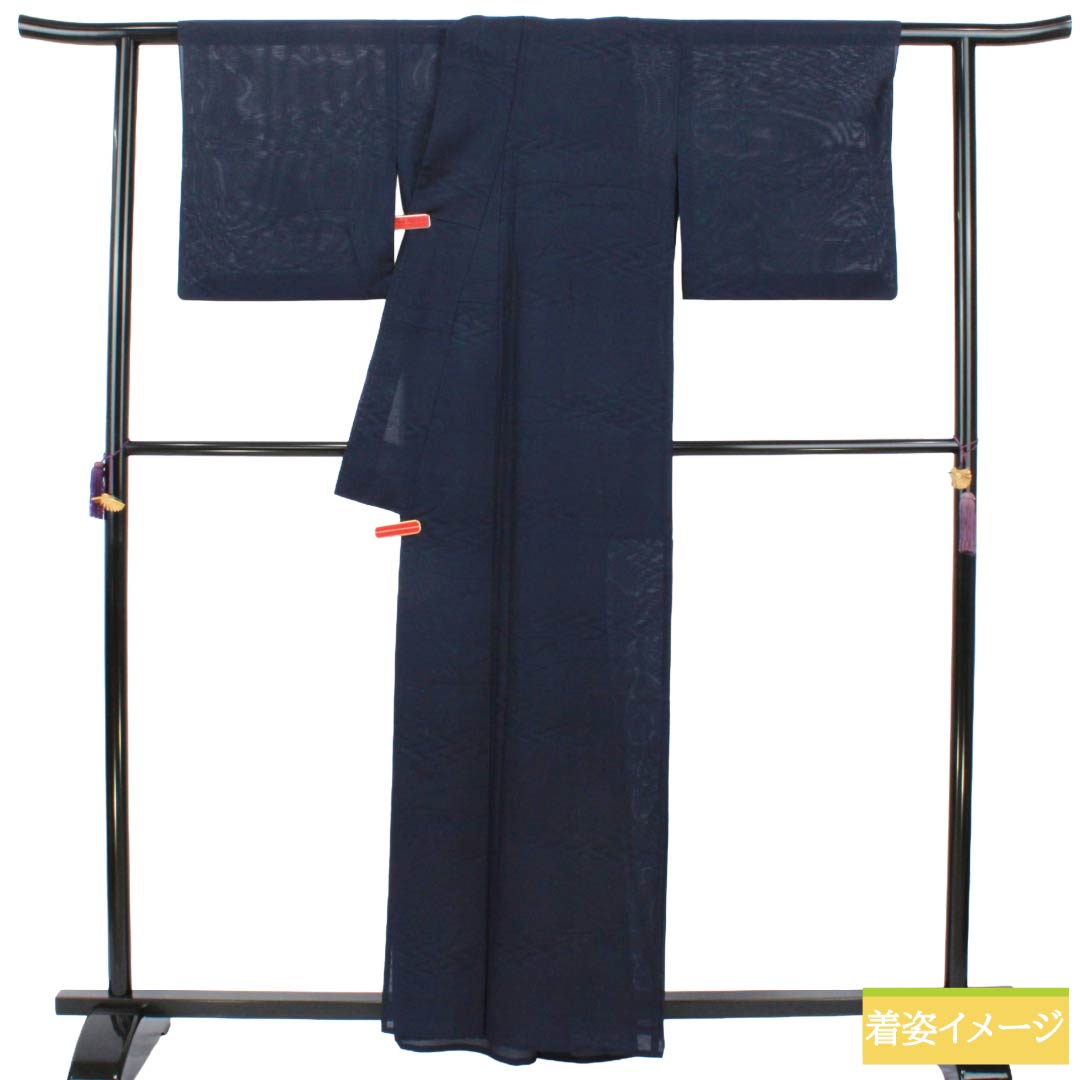 Summer Item Silk Iromuji A-Rank Length 159cm Sleeve Length 68cm Deep Navy Color (Noukon-iro) Waves, Dew Grass, Bamboo Leaves, Ro, Navy Type 1132003773318
