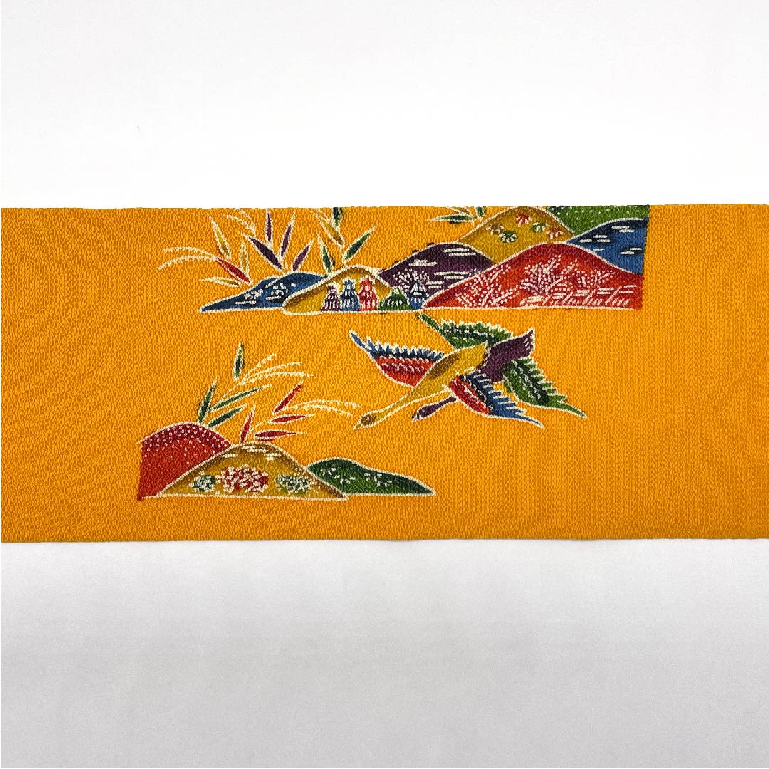 Nagoya obi, orange, Satoyama landscape, bird, crepe, obi length 381cm, pure silk, A rank, point pattern, casual, yellow, 1124004363323, Nagoya style