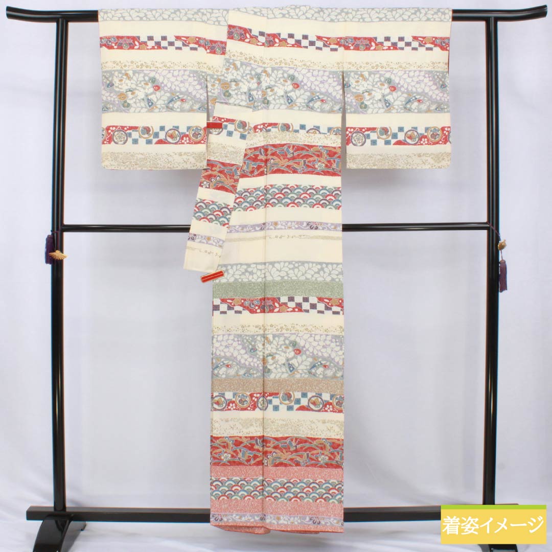 Homongi Silk S-rank Awase Length 156.5cm Sleeve-to-sleeve 63.5cm Neri-iro Kyo-Yuzen Horizontal stripes Classic pattern Cream 1112007712315