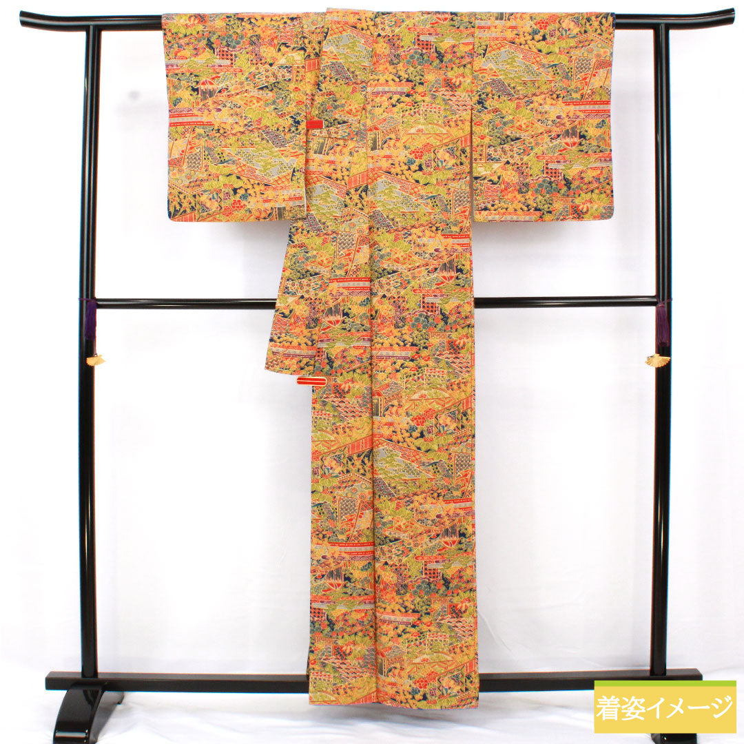 小紋 ポリエステル 身丈160cm 裄丈63.5cm 袷 紺藍色(こんあいいろ) 洗える着物 吉祥文様 Sランク 紺系 1115004612418