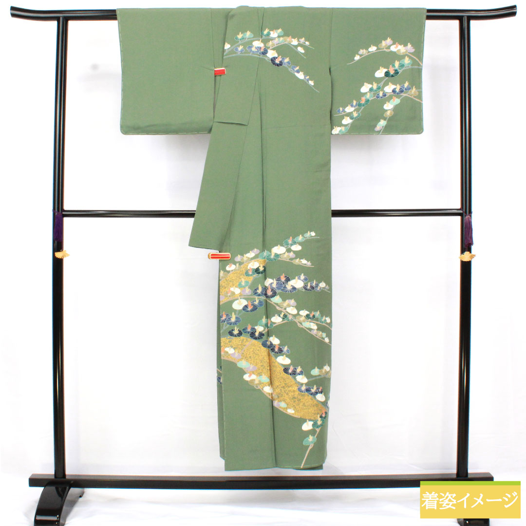 Homongi, pure silk, lined, length 146.5cm, sleeve length 60cm, rokan-iro, Kyoto yuzen, abstract pattern, basting thread included, unused, S rank, green, 1112005102119