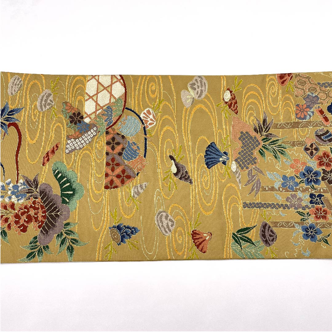 Fukuro Obi (Japanese sash) in gray, with treasures, boat, pine, Shirayaen Oba, obi length 432cm, pure silk, S rank, six-pass, formal, beige, 1123008942325