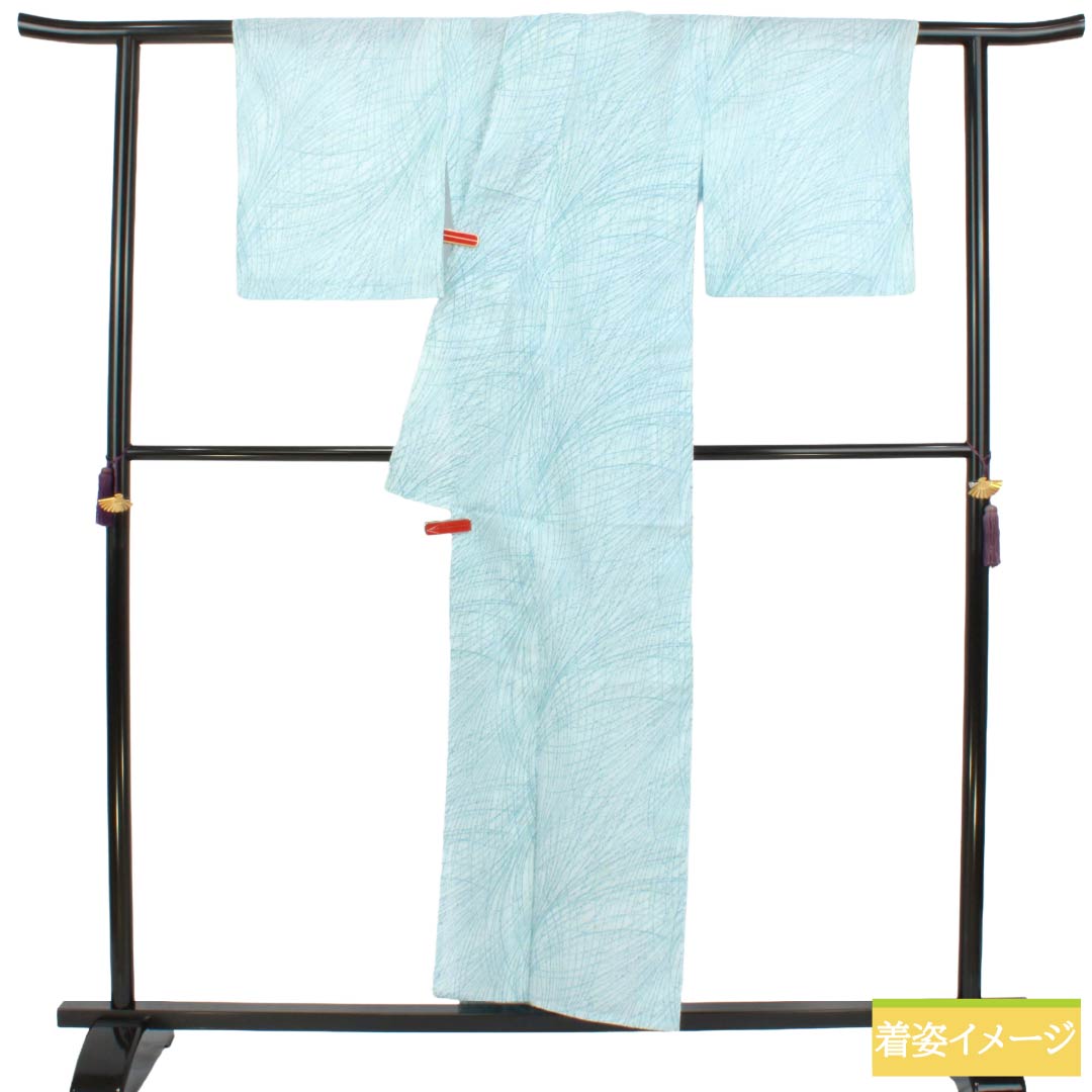 夏物 木綿 小紋 Bランク 身丈156cm 裄丈62cm 蟹鳥染色(かにとりぞめいろ) 抽象模様 紗 水色系 1132004404324