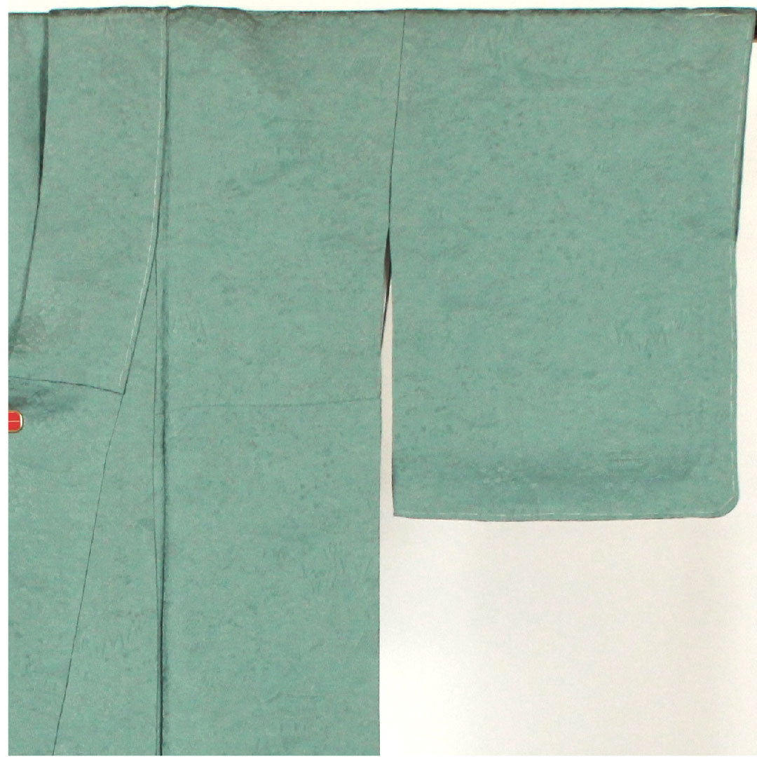 Plain color, Kotobukiori, Temple scenery pattern, Sword and katabami, Length 162cm, Sleeve length 64cm, Lined, Pure silk, S rank, Blue, 1114000302317