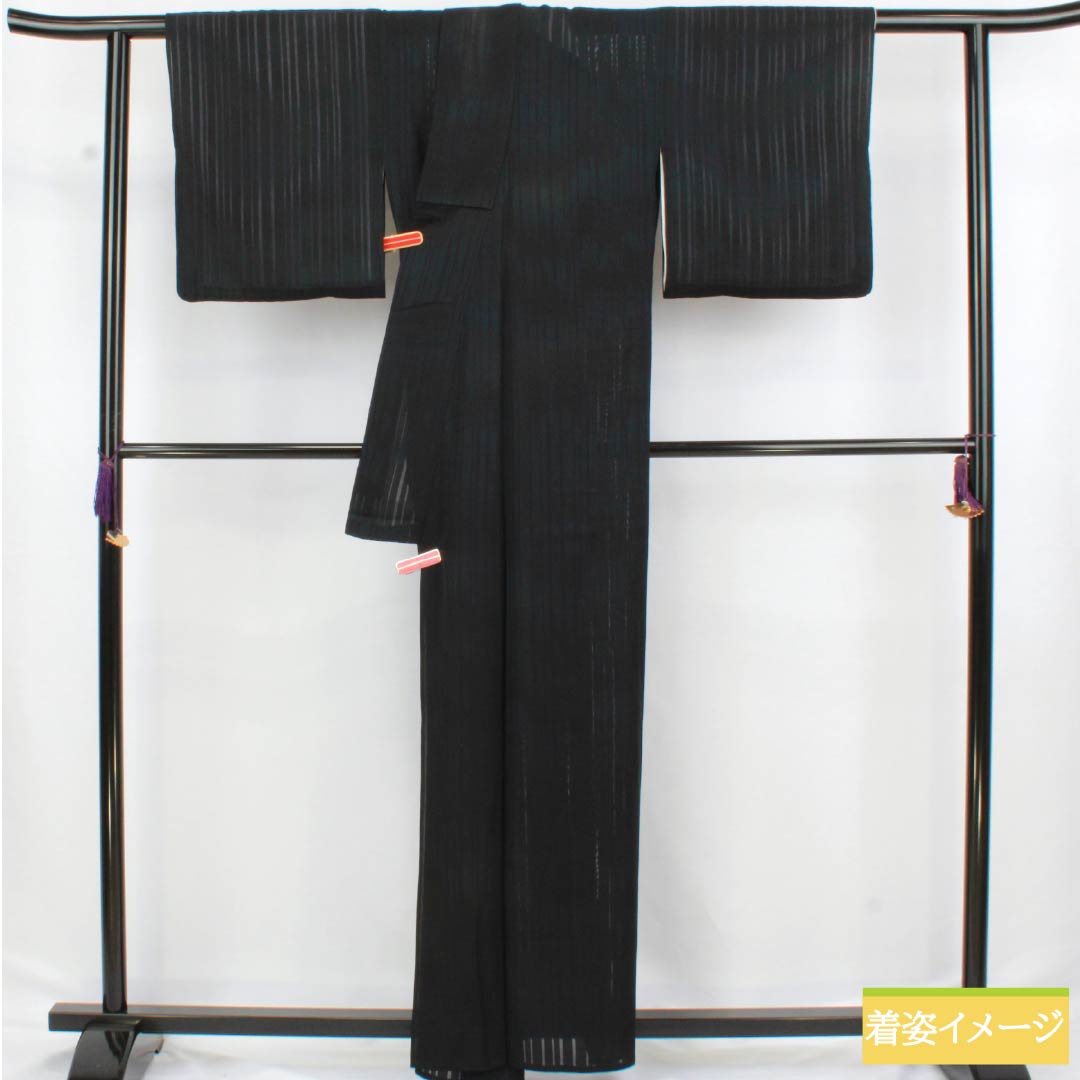 夏物 正絹 色無地 身丈161cm 裄丈63cm 竪絽 ぼかし染 うそつき襦袢 絽 Aランク 黒系 1132002723410