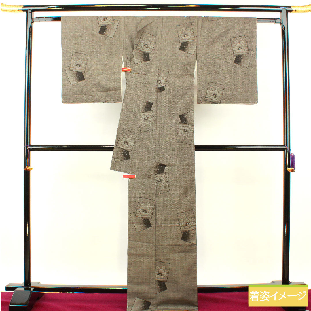 Silk pongee, Length 170.5cm, Sleeve length 67.5cm, Oshima pongee, 7 marks, Floral pattern, With basting thread, A rank, Lined, Brown, 1116003753614