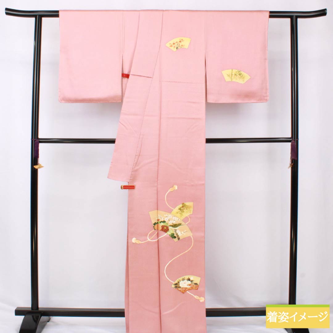 Visiting Kimono, Pure Silk, S-Rank, Lined, Length 164cm, Sleeve Length 62.5cm, Single-Layer Plum Blossom-Colored Kimono, Kyoto Yuzen, Tsukesage, Auspicious Design, with Basting Thread, Pink, Product Number: 1112006552413