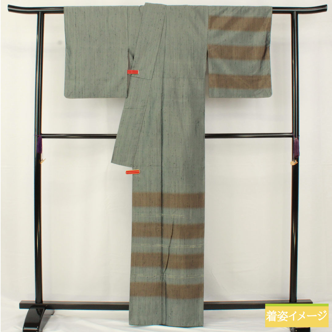 Homongi, pure silk, lined, length 163.5cm, sleeve length 63.5cm, Fukagawa gray, pongee fabric, abstract pattern, S rank, green, 1112005872419