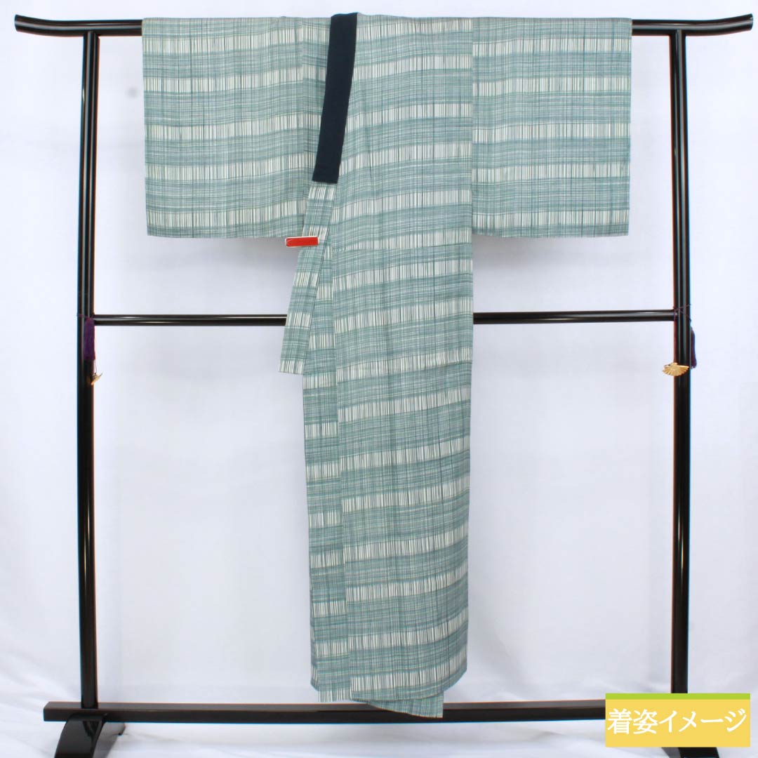 Men's Nagajuban (long under-kimono), pure silk, S-rank, length 151cm, sleeve length 69cm, indigo brown (aito-chairo) check pattern, single layer, light blue, 1140000632524