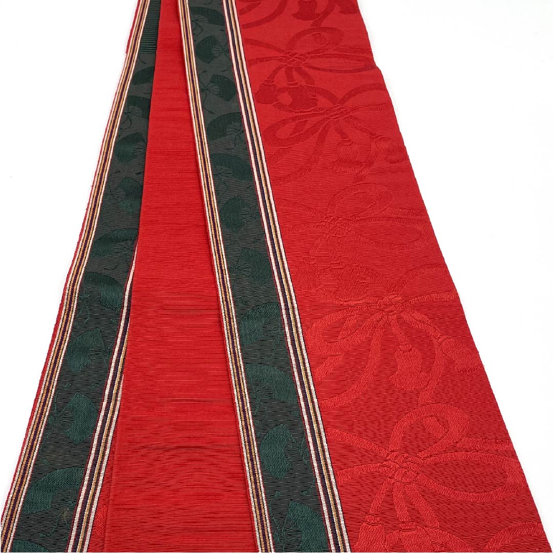 Half-width obi, pure silk, obi length 342cm, crimson red, fan-shaped, binding cord, Hakata-ori, red, S rank, 1125001382312