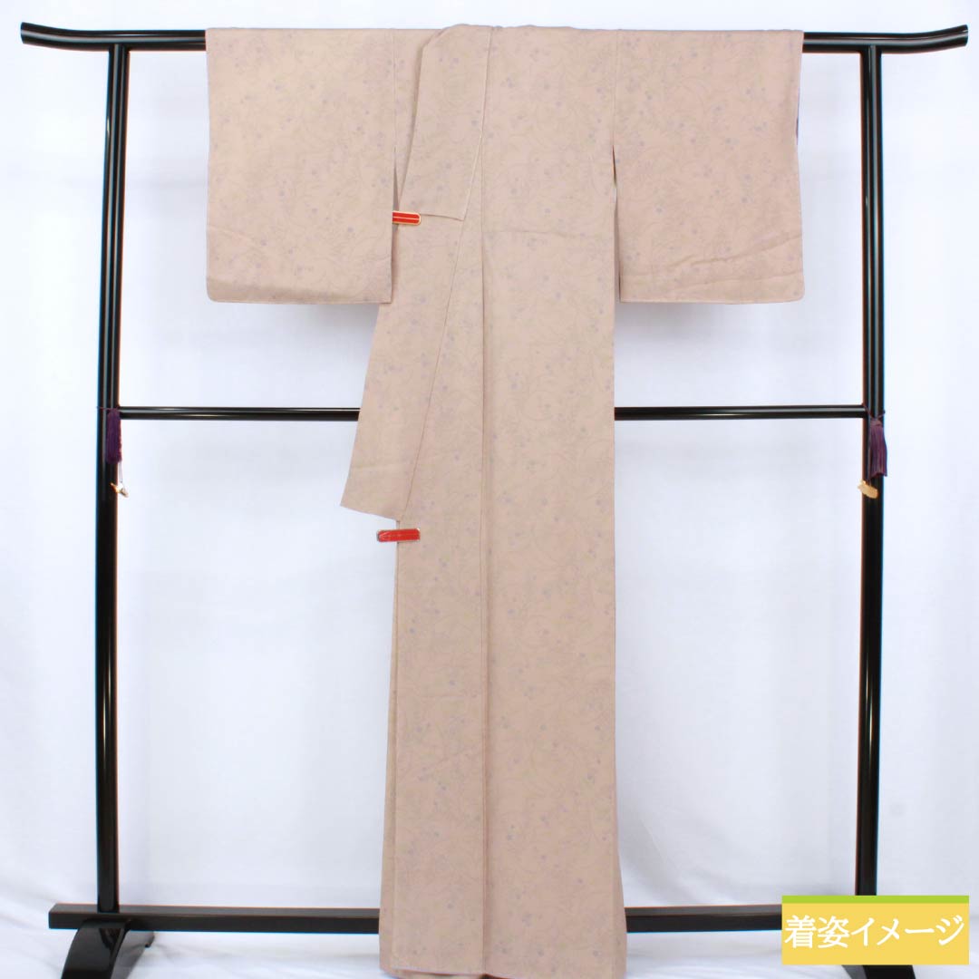 小紋 正絹 Sランク 身丈164cm 裄丈63cm 袷 惚色(ぼけいろ) 草花模様 しつけ糸付き ベージュ系 1115007362425