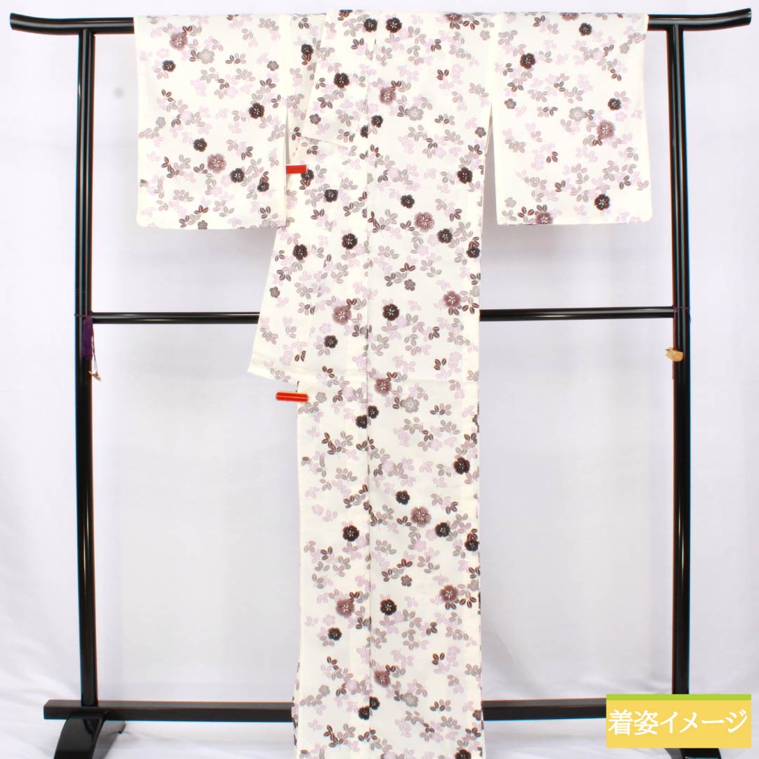 Washable, milky white kimono with a floral pattern, polyester, small pattern, S rank, length 166.5cm, sleeve length 67cm, single layer, white, product number 1115006992511