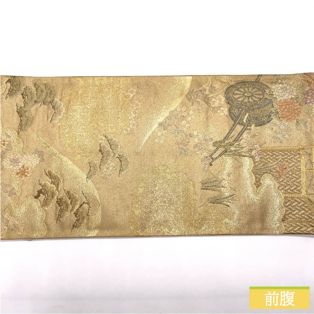 Formal, pure silk obi for formal kimono, featuring a flower cart and peony motif, length 418cm, S rank, six-fold hem, gold finish, product number 1123014612321