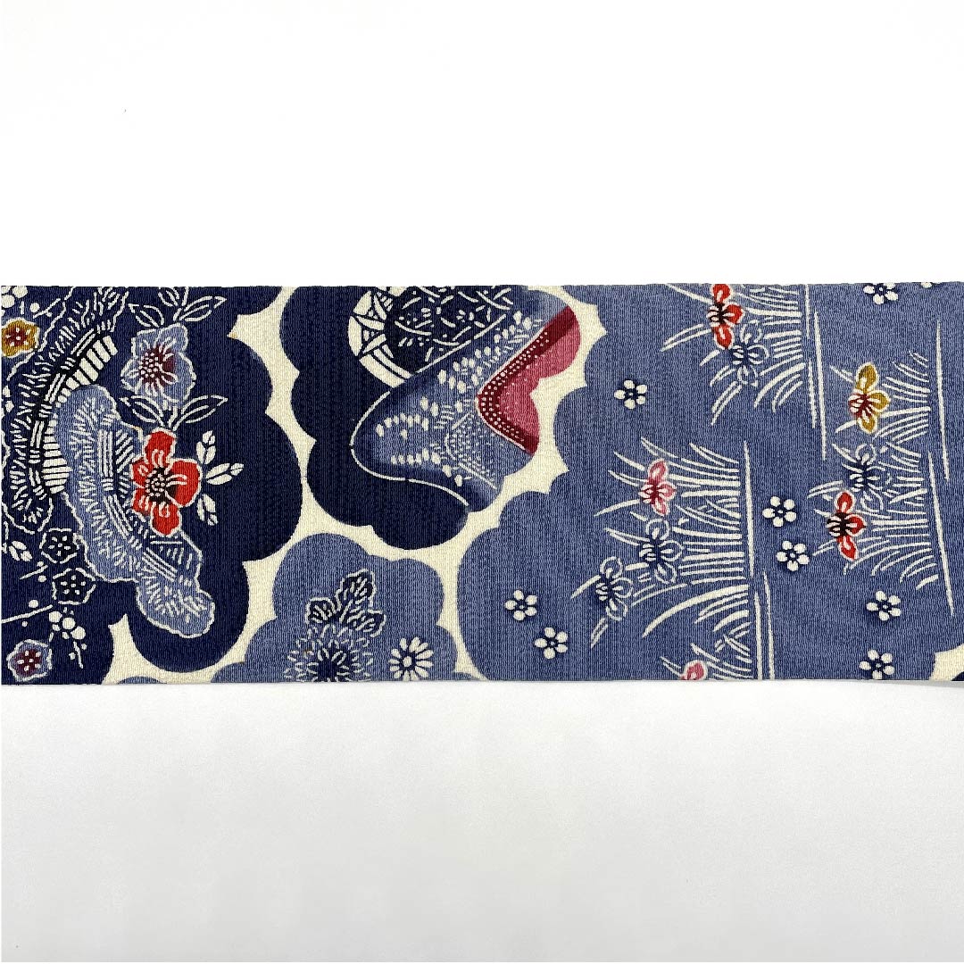 名古屋帯 韓藍色 草花模様 ちりめん地 帯丈337cm 正絹 Bランク ポイント柄 カジュアル 青系 1124004522317 名古屋仕立て