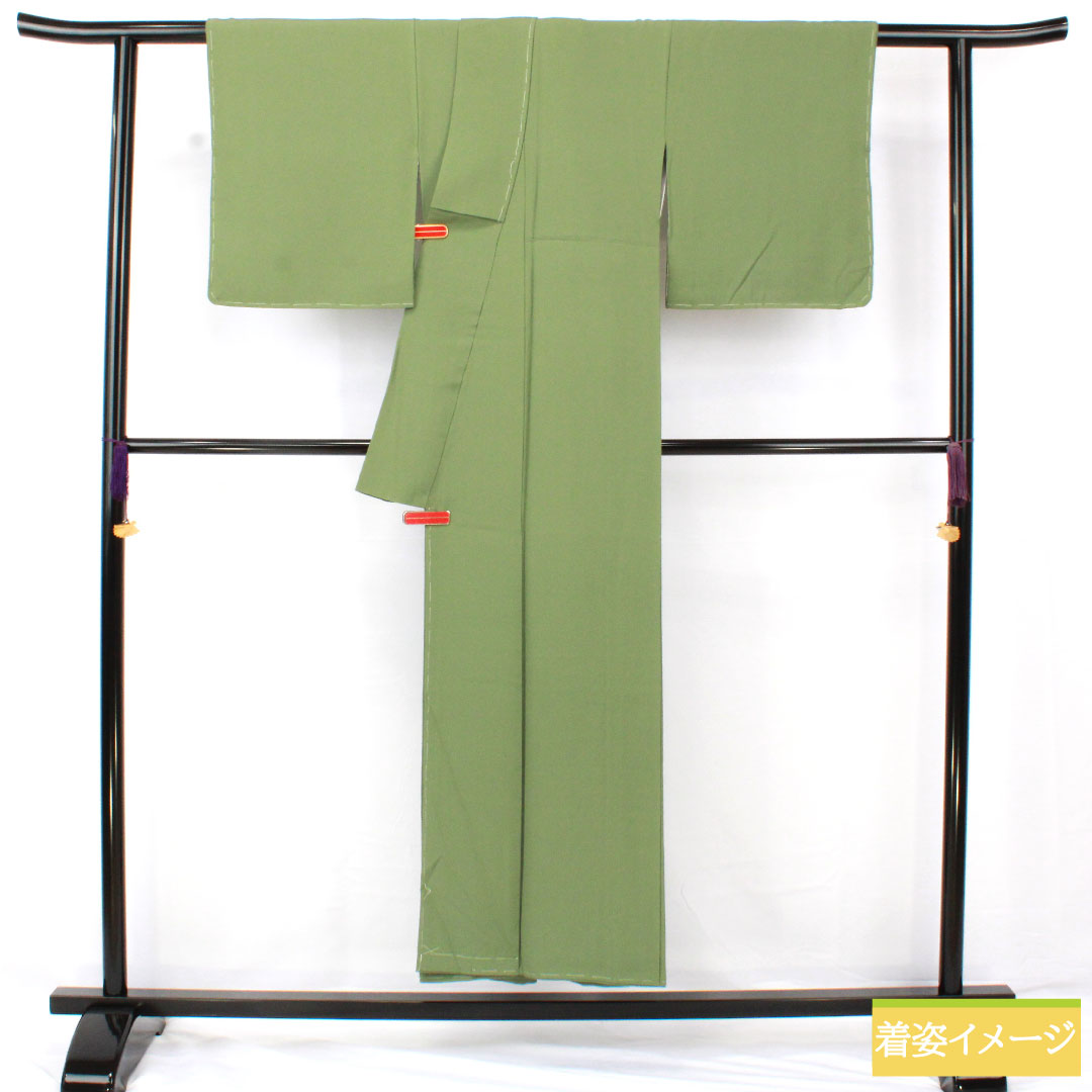 Plain color, pure silk, length 150cm, sleeve length 63cm, Bushukan color, plain color, one crest, corner cut corner with katabami, lined, S rank, green, 1114001802119