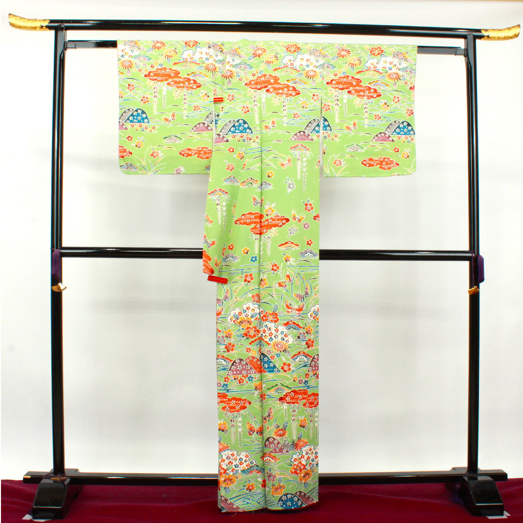 Homongi, pure silk, lined, length 162.5cm, sleeve length 65cm, light green, Kyoto Bingata, auspicious motif, with basting thread, S rank, green, 1112003222419