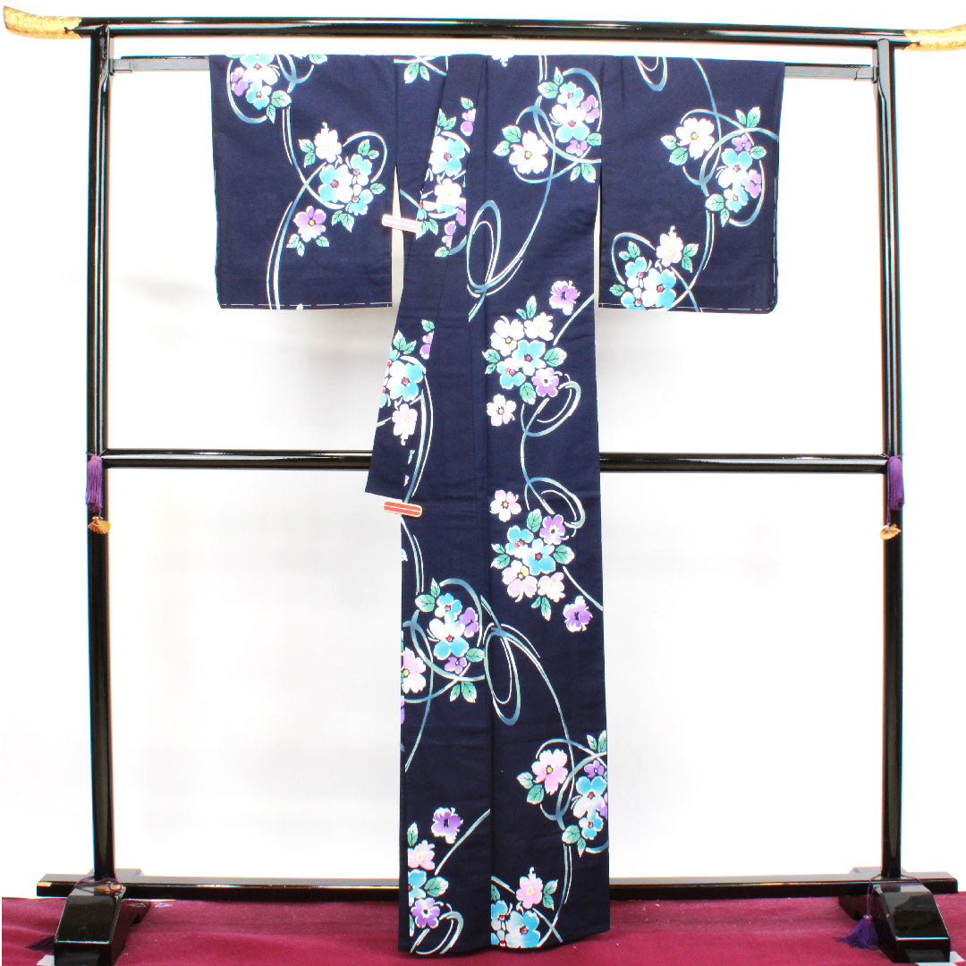 Yukata with basting thread, unused, dark navy blue, abstract flower, cotton, S rank, single layer, length 164cm, sleeve length 67cm, navy blue, 1118003432418