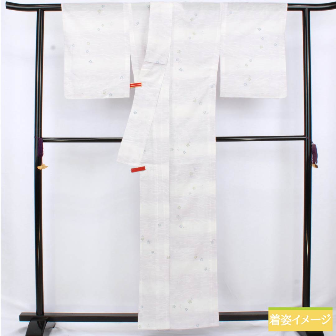 夏物 ポリエステル 小紋 身丈160cm 裄丈65cm 霞色(かすみいろ) 撫子 波 洗える着物 絽 Bランク グラデーション系 1132002454499