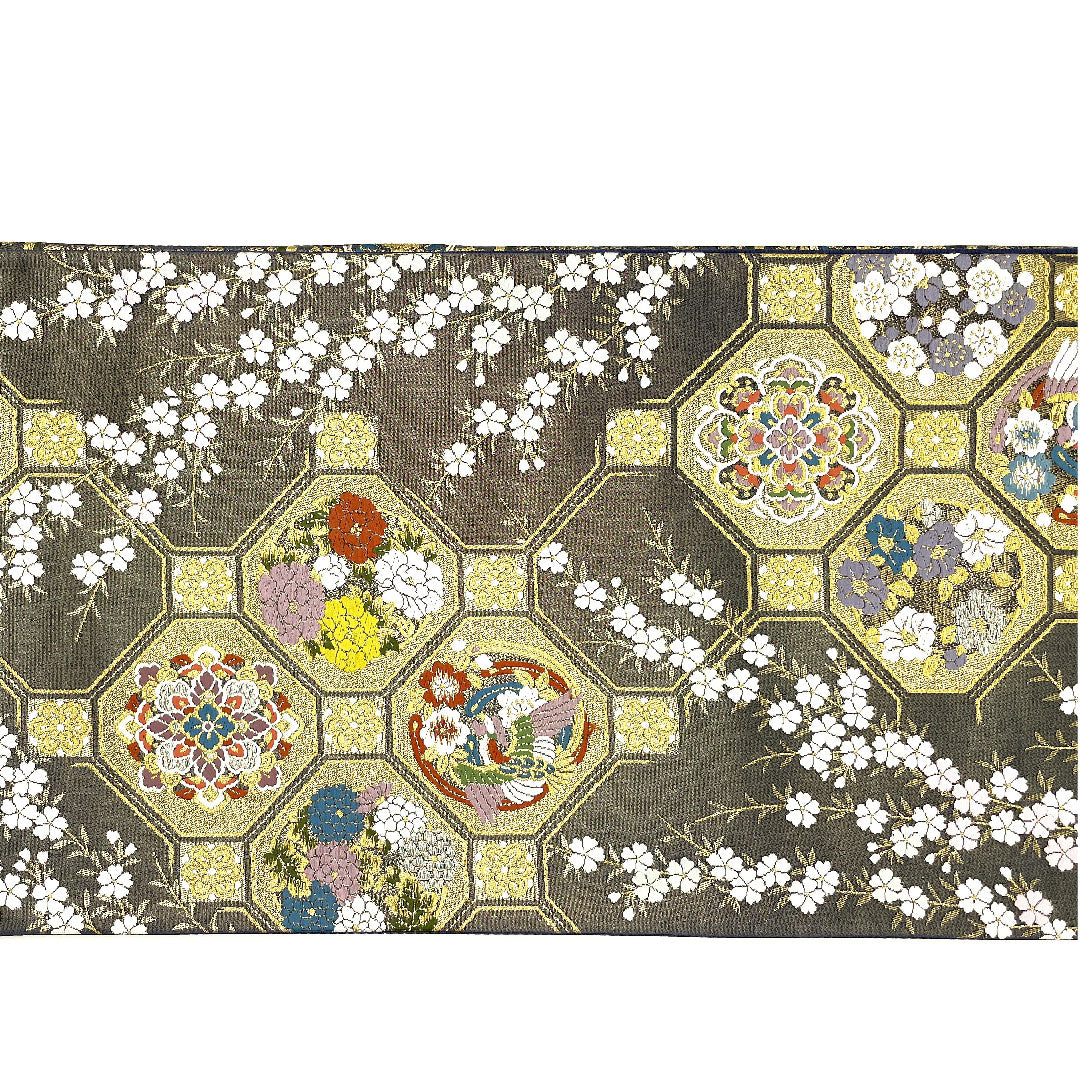【未仕立】袋帯 正絹 NEWランク 全通全景 三十六歌仙文様 千紫萬紅 帯丈454cm 全通 フォーマル グレー系 1123003581422
