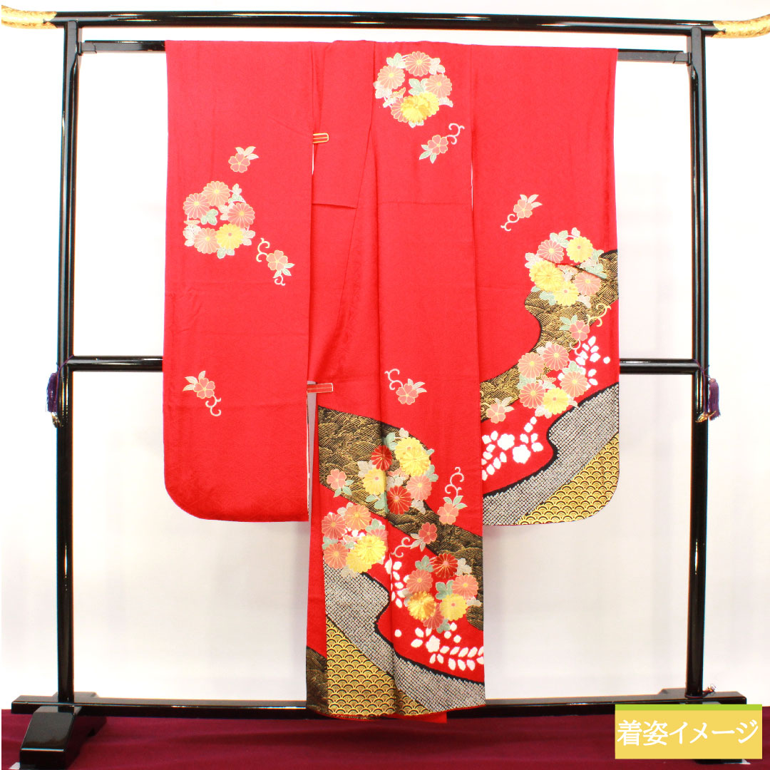 Furisode, pure silk, length 154.5cm, sleeve length 66cm, lined, Turkish red, Kyoto Yuzen, chrysanthemum, A rank, red, 1113001983212