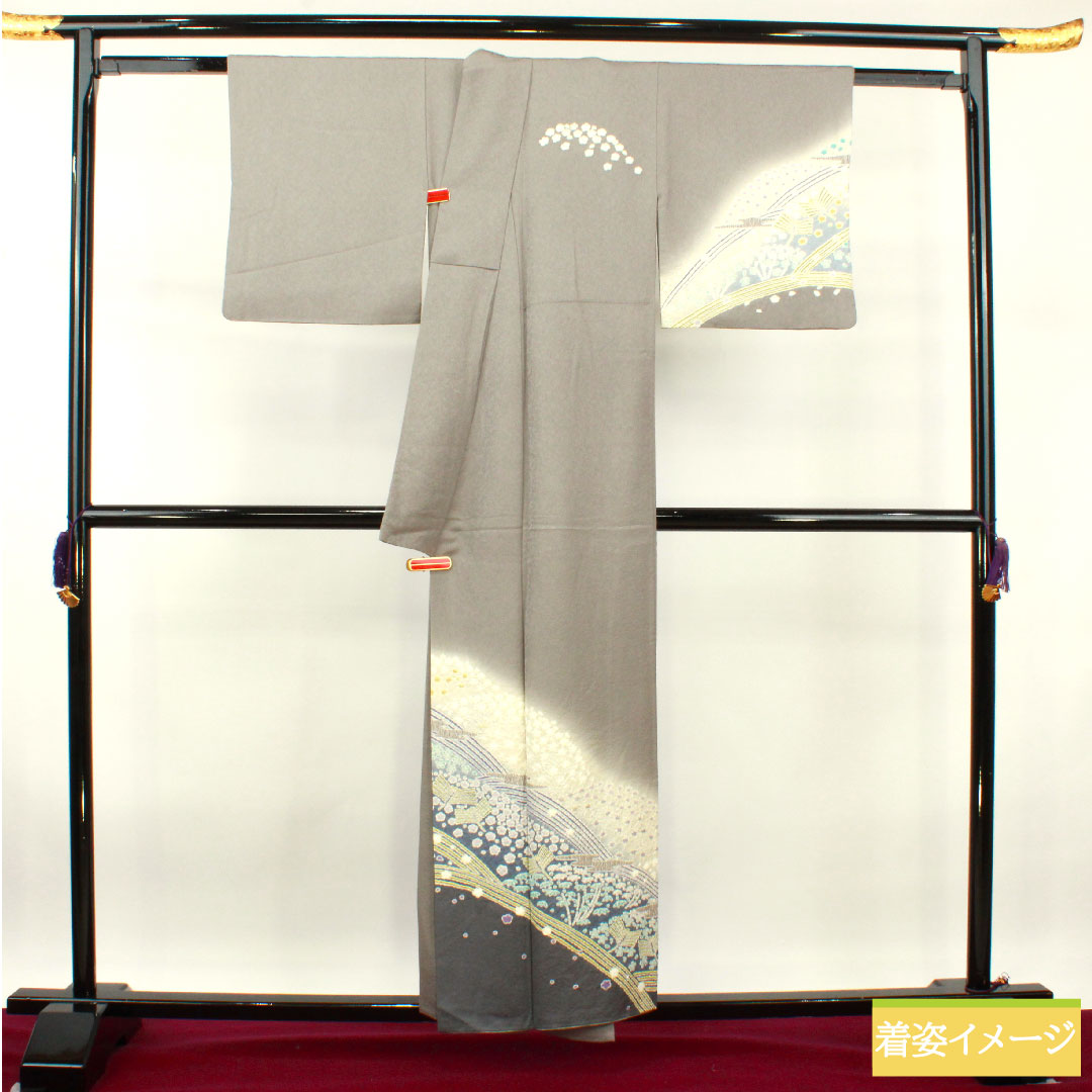 訪問着 正絹 袷 身丈155.5cm 裄丈63cm 灰色 おぼろ染め 絞り 作家物 抽象模様 Sランク グレー系 1112003822322
