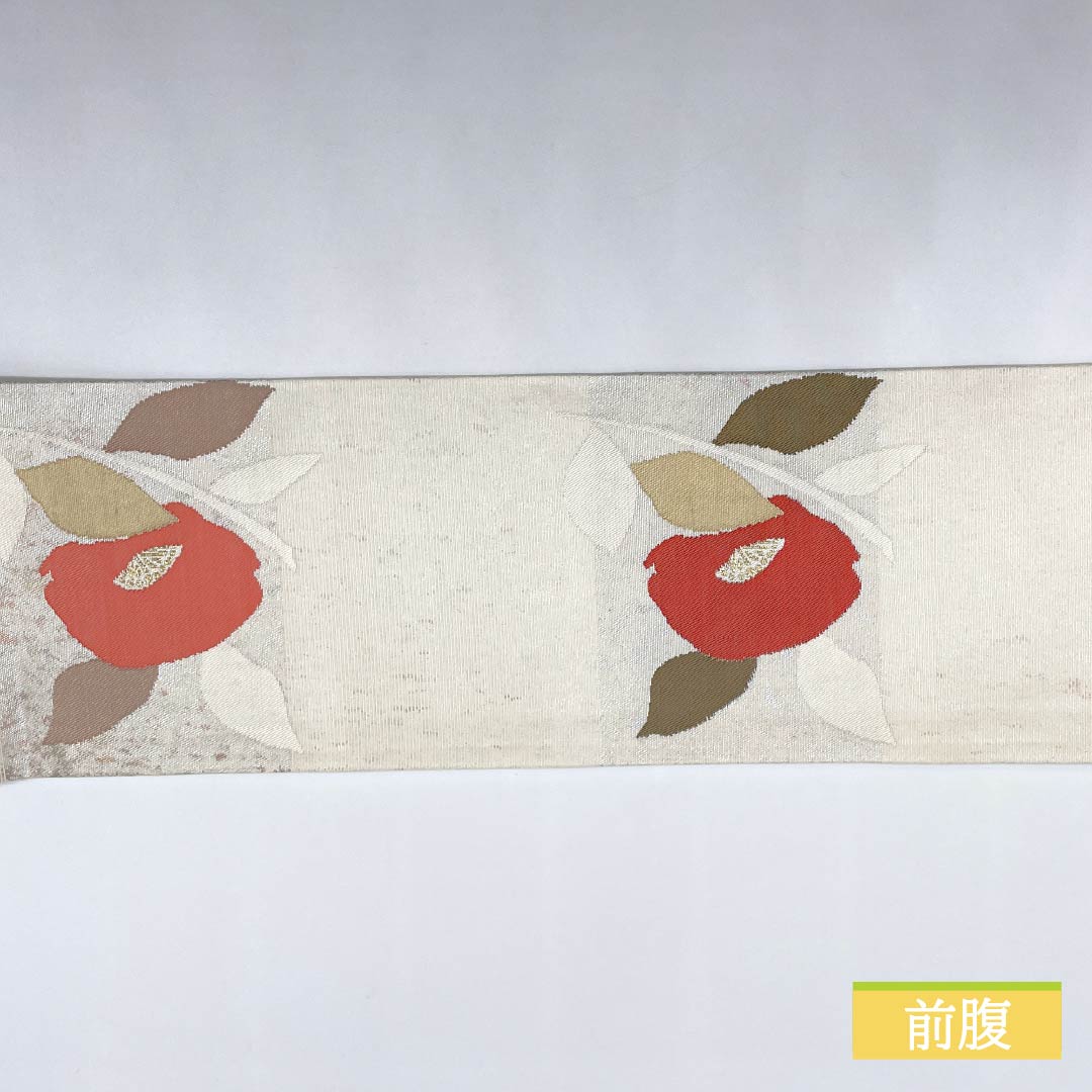Nagoya obi, chalk-colored, Hasegawa Orimono, Shinei Saika, camellia, obi length 359cm, pure silk, S rank, six-pass, casual, silver, 1124007872322, Nagoya-made