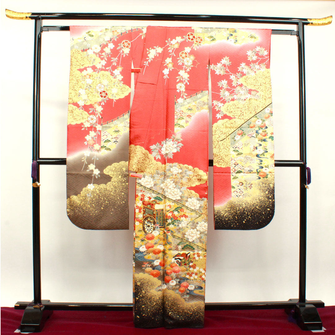 振袖 身丈163.5cm 裄丈67.5cm 袷 甚三紅色 京友禅 御所車 吉祥文様 作家物 正絹 Aランク 朱系 1113001623416