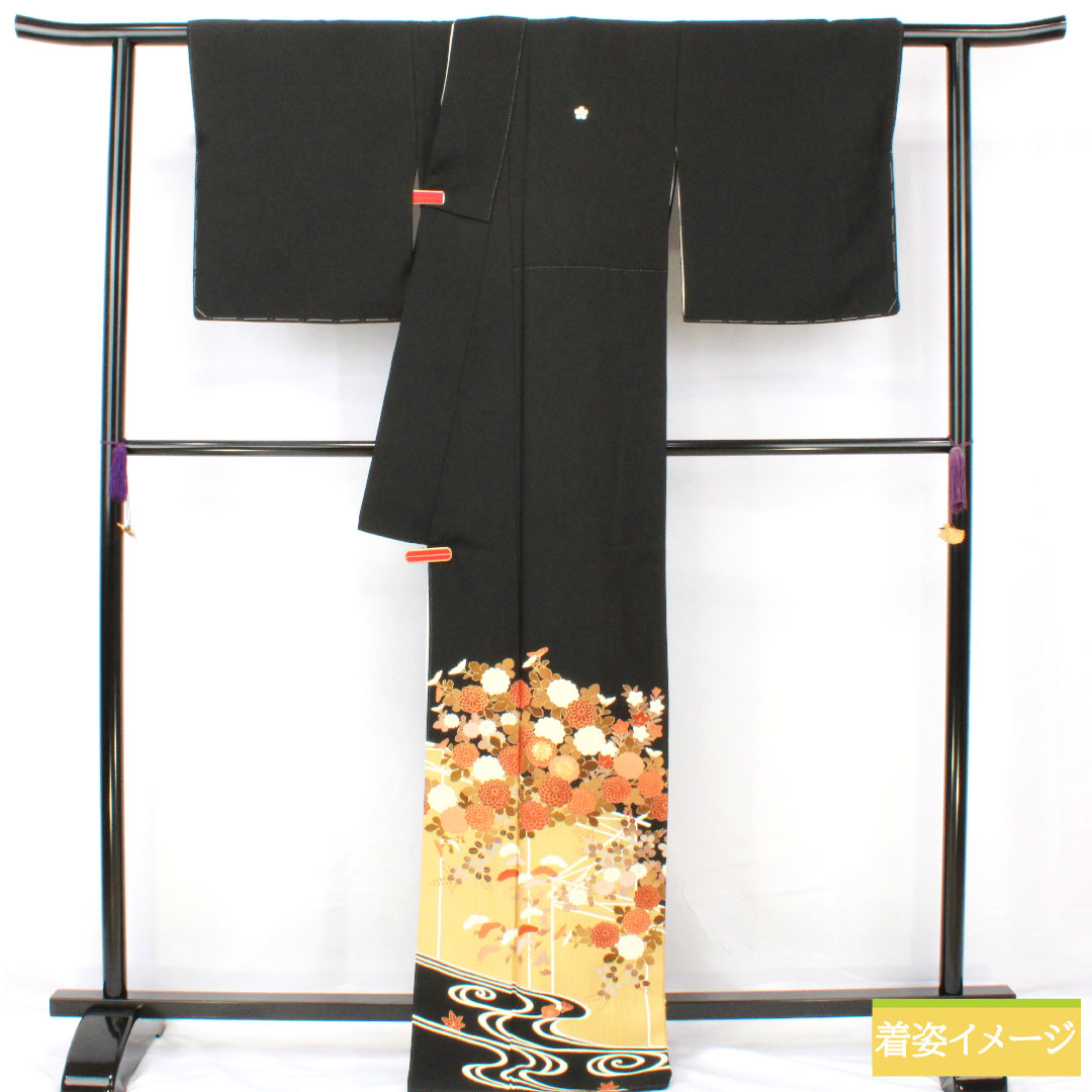 黒留袖 正絹 身丈167cm 裄丈67cm 袷 京友禅 草花模様 五つ紋 梅鉢 Sランク 黒系 1111001642510