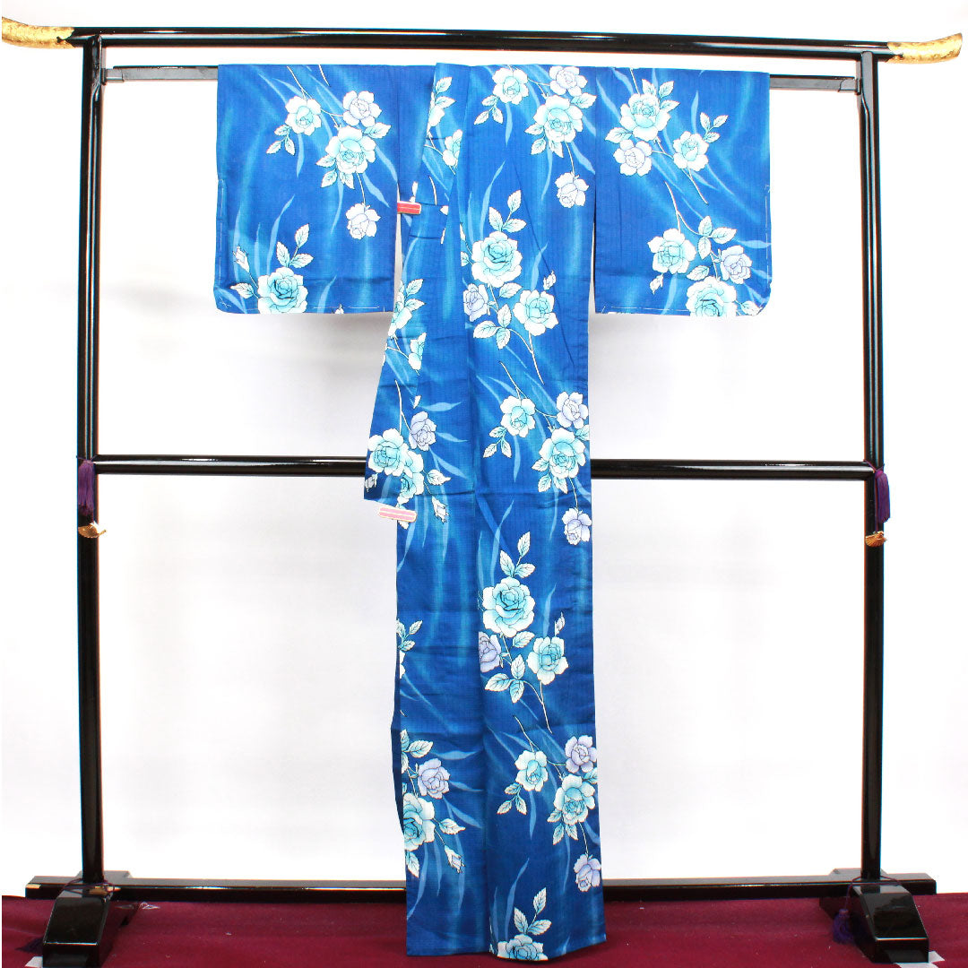 浴衣 しつけ糸付き 未使用品 瑠璃色 薔薇 木綿 Sランク 単衣 身丈164.5cm 裄丈65.5cm 青系 1118002932417