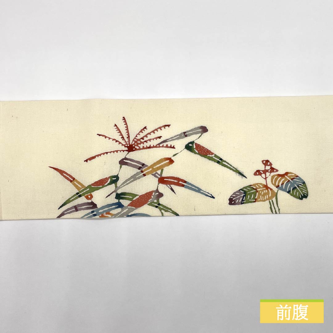 Nagoya obi, milky white color, Kyoto Bingata, landscape pattern, bird, obi length 360cm, pure silk, S rank, point pattern, casual, cream color, 1124007242315, Nagoya style