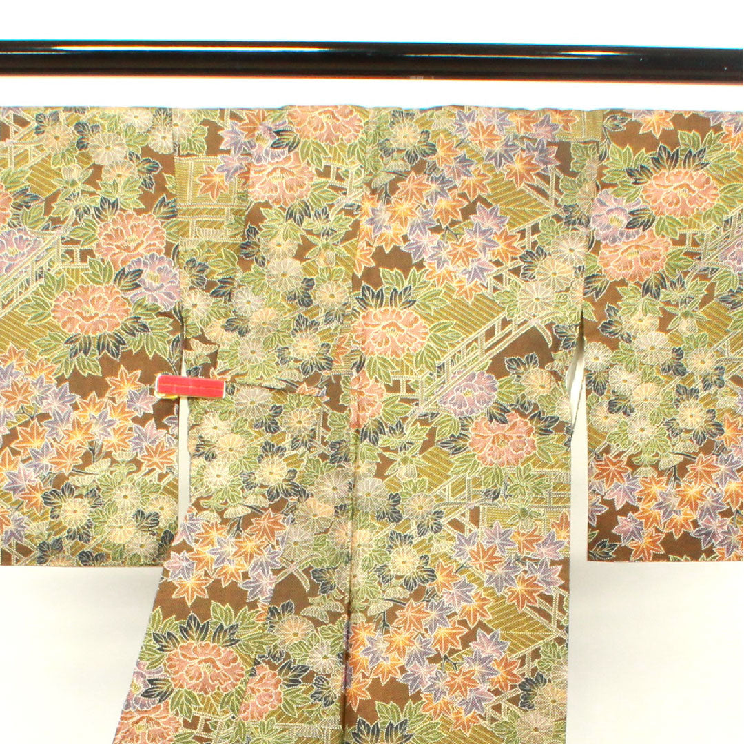 小紋 身丈158.5cm 裄丈64cm 袷 苦色 草花模様 正絹 Aランク 茶系 1115002723314
