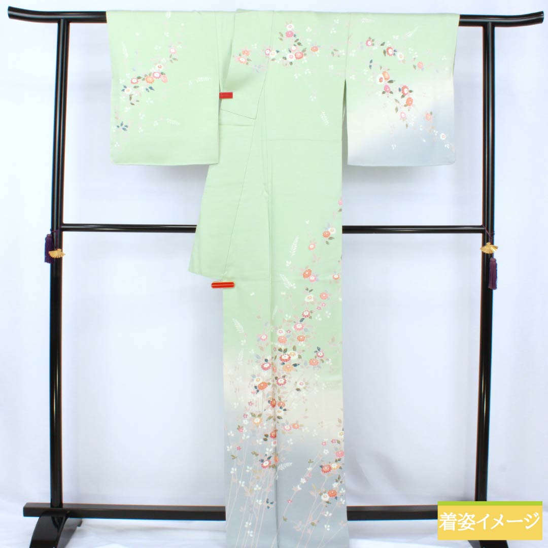 訪問着 正絹 Sランク 袷 身丈166.5cm 裄丈62cm 薄緑色(うすみどりいろ) 京友禅 草花 しつけ糸付き 緑系 1112007602519