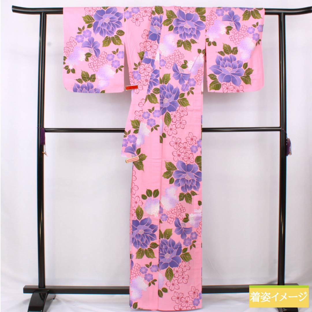 Cotton Yukata, Length 163cm, Sleeve Length 65cm, S Rank, Single Layer, Pink, Medium Crimson Flower Color, Flower Design, 1118006572413