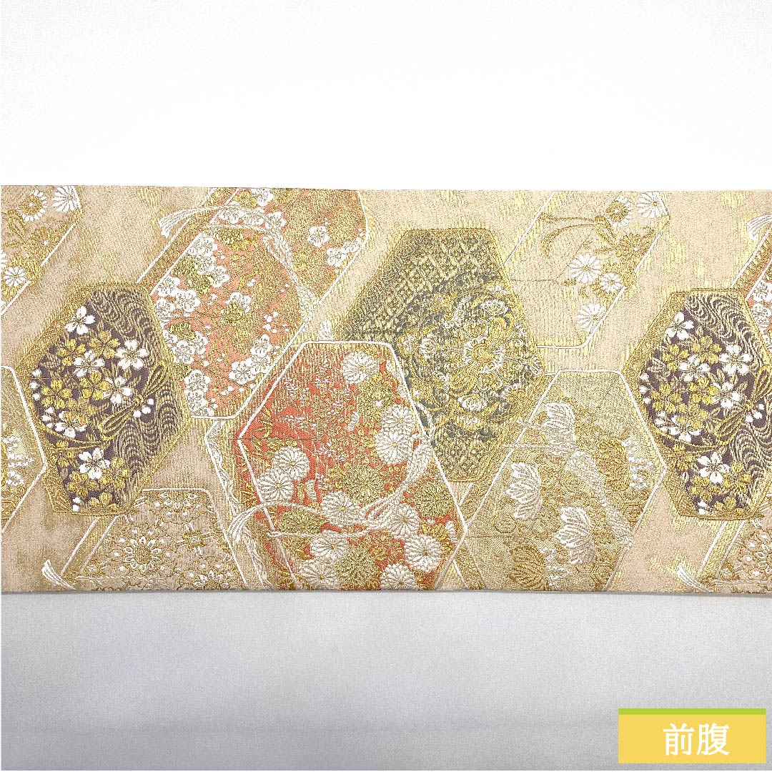 袋帯 素色(しろいろ) 吉祥文様 熨斗結び紐 宝箱 加納幸 帯丈438cm 正絹 Sランク 六通 フォーマル 金系 1123010962321