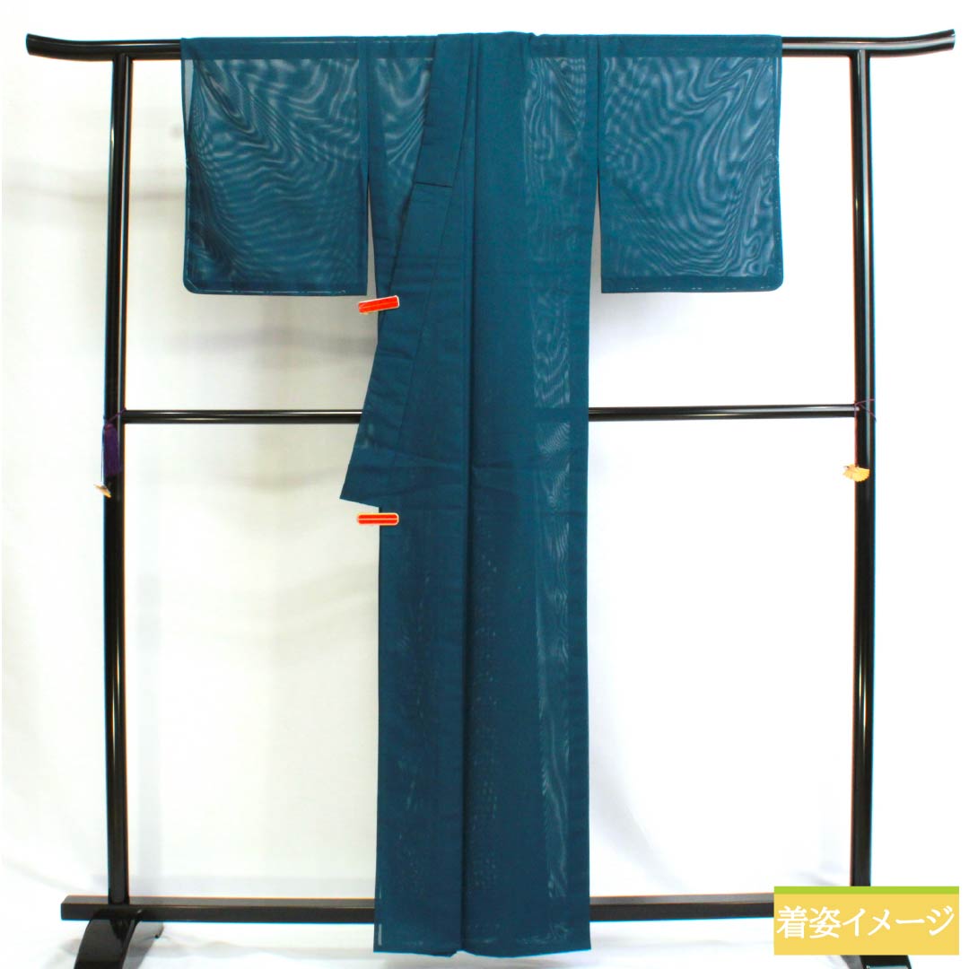 夏物 ポリエステル 色無地 Sランク 身丈161cm 裄丈64cm 深藍色(ふかあいいろ) 洗える着物 絽 青系 1132002882417