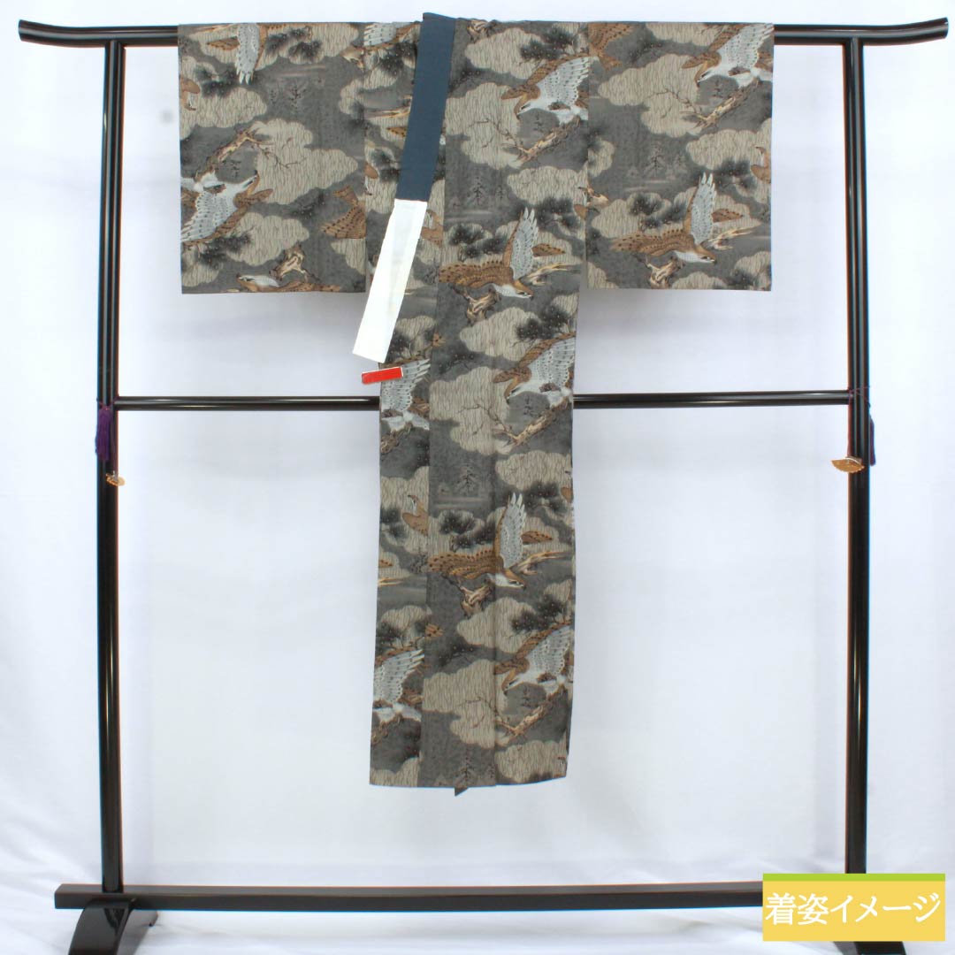 Men's wool nagajuban (long under-kimono), Grade A, length 131.5cm, sleeve length 65cm, indigo and silver soot bamboo color with pine and eagle designs, gray tones, single layer, product number 1140000753322