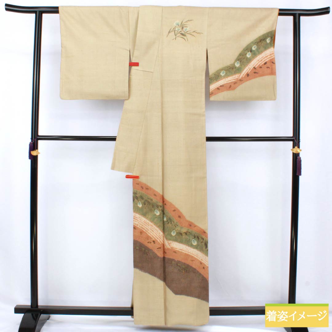 訪問着 正絹 Bランク 袷 身丈160cm 裄丈68cm 亜麻色(あまいろ) 生紬 桶絞り 乾山絞り 伝統工芸作家 吉澤与市 ベージュ系 1112007414425