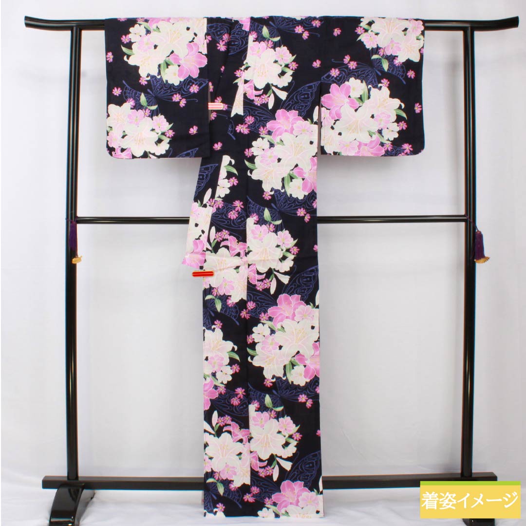 Yukata Cotton Length 166.5cm Sleeve length 65.5cm NEW rank Single layer Navy blue (Nukon-iro) Brand new unused item Comes with pre-tied obi Butterfly 1118005571518