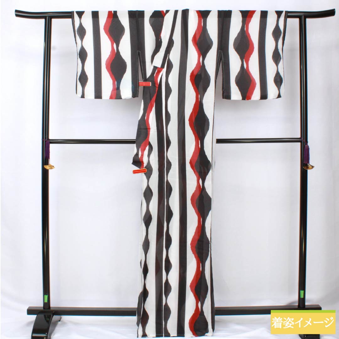 (Brand new, unused) Yukata (single-layer kimono) Polyester, Length 166cm, Sleeve Length 65cm, New Rank, White, Geometric Pattern, Tatewaku Pattern, Warp Stripes, Product Number: 1118005721511